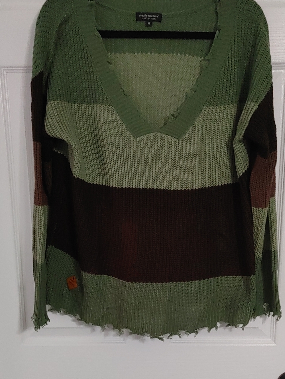 Simply Southern Distressed V-Neck Knit Sweater - Olive & Brown Oversized